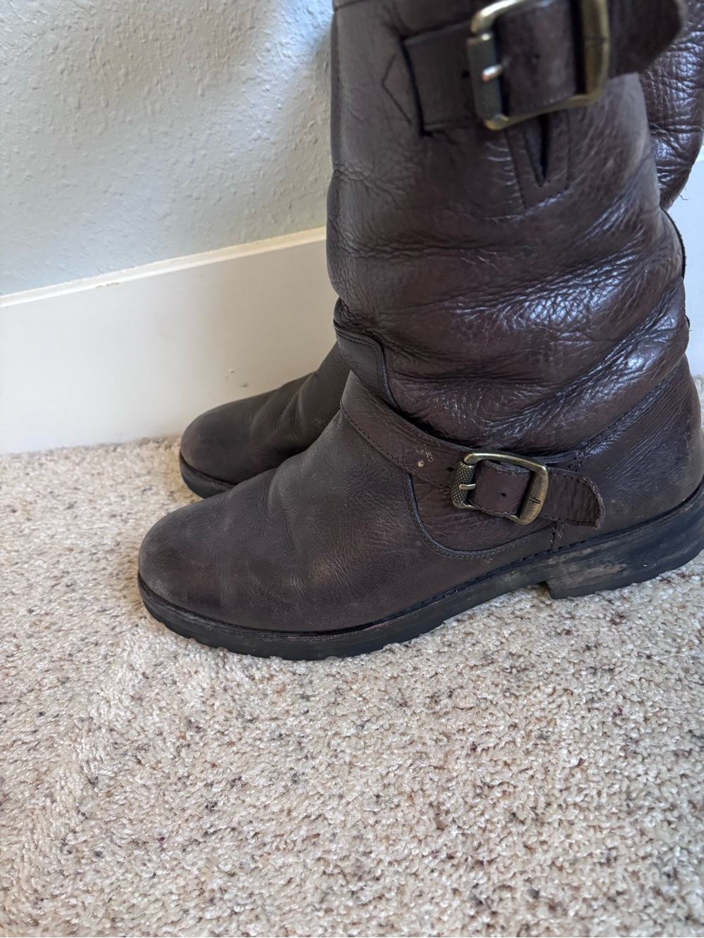 Frye Brown Leather Mid-Calf Buckle Boots